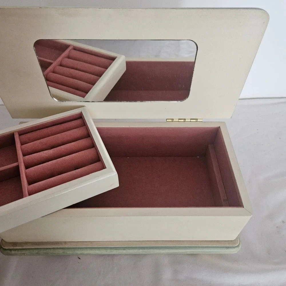 Vintage Floral Wood Jewelry Box Cream Green Hand Painted Mirror Removable Tray